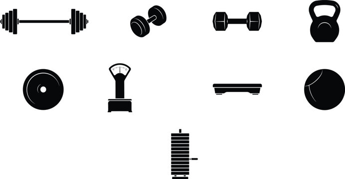 Gym and fitness equipment icon set vector illustration with barbell dumbbells kettlebell scale weight plate and bench isolated on white