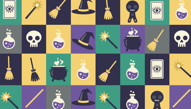 Halloween seamless pattern of checkerboard squares featuring witch hats, magic potions, skulls, and voodoo dolls.