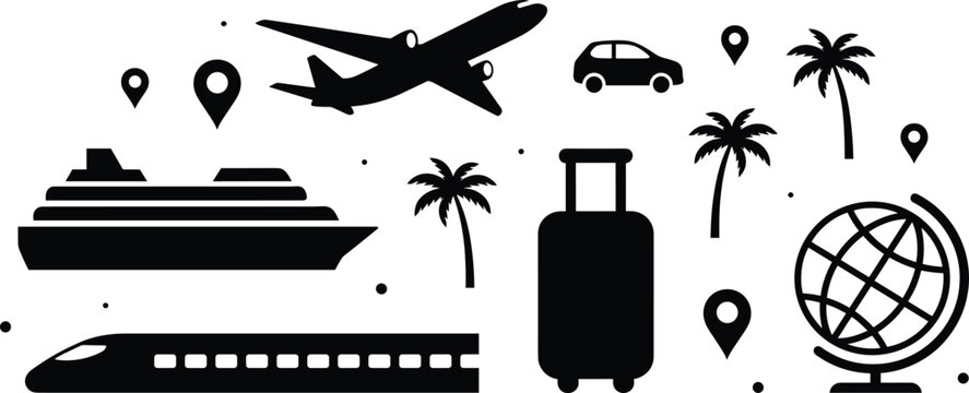 Global travel and tourism vacation solid glyph icon set featuring airplane cruise ship bullet train car suitcase globe pin map markers and palm trees vectors