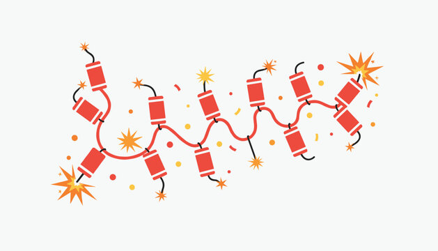 Long string of traditional red Chinese firecrackers exploding with sparks and confetti isolated on a white background.
