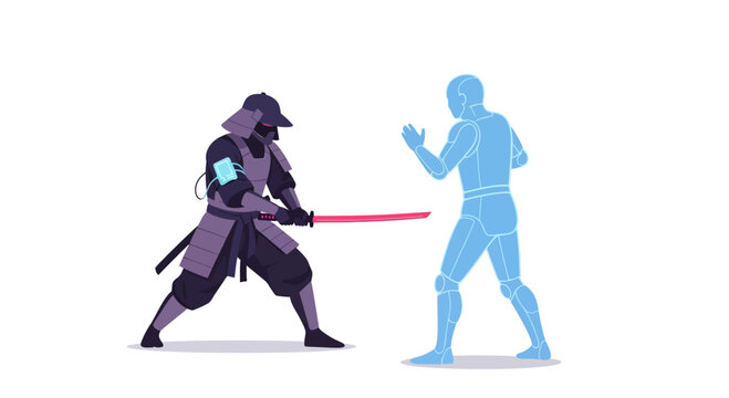 Samurai warrior with glowing red sword fighting a blue robot or mannequin
