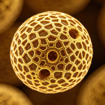 Original scanning electron microscope (SEM) micrograph of *Fraxinus* (ash tree) pollen: displaying a characteristic reticulate exine and three apertures, exhibiting natural pollen morphology.