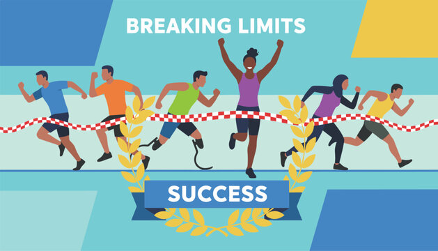 Marathon runners crossing the finish line together in a race with motivational words success and breaking limits.