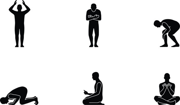 Islamic prayer positions and Muslim salah steps solid glyph icon set featuring takbir standing ruku bowing sujud prostration sitting and dua supplication vectors