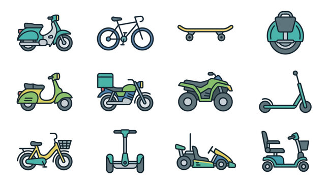 Set of Modern Transportation Icons: Scooters, Bikes, Skateboards, ATVs, Segways
