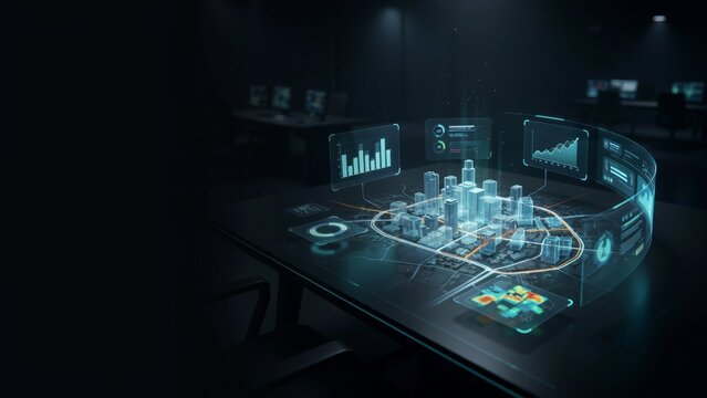 Futuristic 3D city digital twin holographic map interface technology control room with holographic technology interface futuristic development planning infrastructure analytics visualization