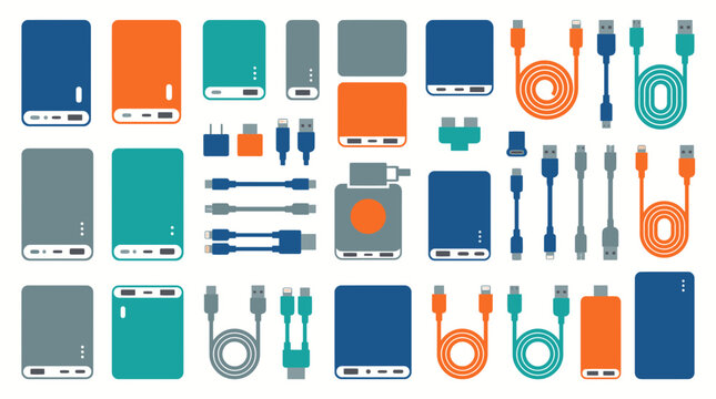 Power banks, chargers, and USB cables icon set.