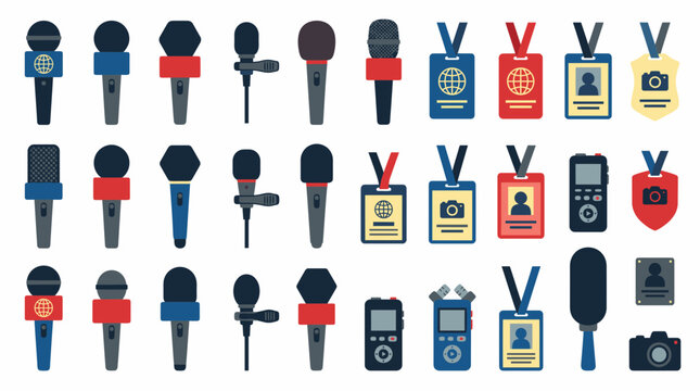Press microphones and media pass icons.