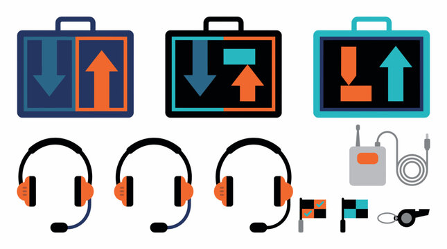 Professional business briefcase and communication headset icons set.