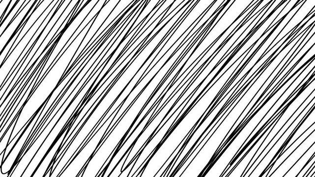 細字のボールペンで画面を乱雑に斜めに塗り潰した手描きアニメーション。モノクロのループする落書き背景。Scribble Design Artwork