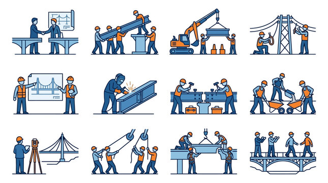 Civil engineering and bridge construction worker icons