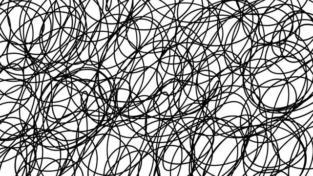 細字のボールペンで円を描きながら画面を塗り潰した手描きアニメーション。モノクロのループする落書き背景。Scribble Design Artwork