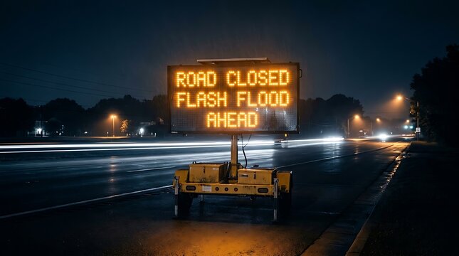 Emergency electronic signage on a highway during a flash flood warning for public safety and traffic management.