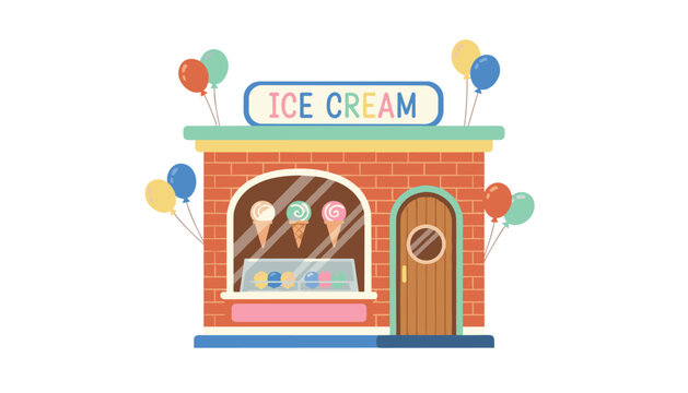 Flat vector illustration of a cute brick ice cream shop front decorated with colorful balloons on a white background.