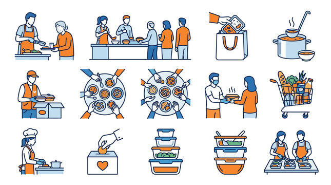 Food charity bank and community kitchen icons.
