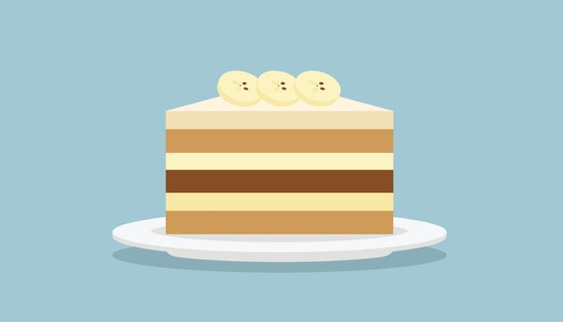 Slice of delicious layer cake topped with banana slices served on a simple white plate over a blue background.
