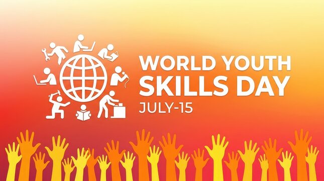  World Youth Skills Day Celebration Banner with Raised Hands and Globe Icons