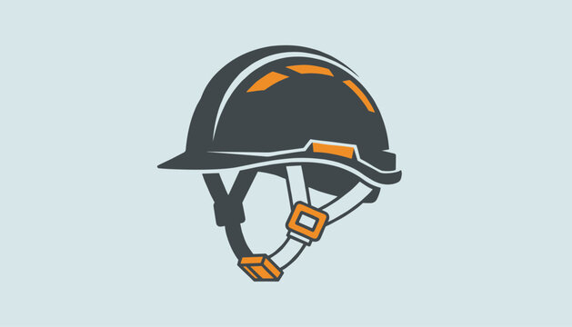 Industrial construction safety helmet icon in dark grey with orange details and chin straps on a light blue background.