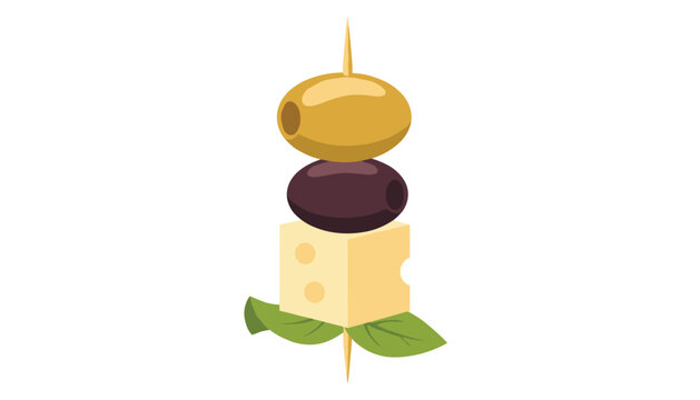 Simple food illustration of a single toothpick skewer with a green olive, black olive, cheese cube, and basil leaves.