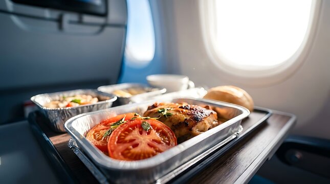Inflight meal service on a commercial airplane for passenger comfort and travel hospitality