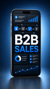 Modern smartphone displaying B2B sales dashboard graphics with charts, workflow icons, and blue business analytics interface.