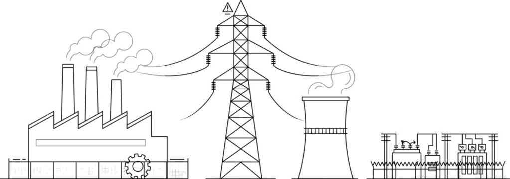 Power plant and industrial factory line art vector illustration with electricity pylon cooling tower grid substation isolated on white background
