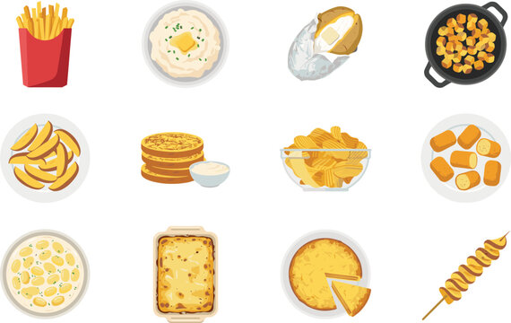 Potato dishes and snacks icon set vector illustration with french fries mashed potatoes wedges chips and casserole isolated on white background