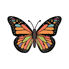 Obraz premium Colorful vibrant butterfly with symmetrical bright patterned wings and black outline.