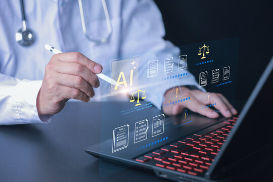 Focused doctor uses advanced medical ai technology on laptop to analyze complex healthcare ethics during clinical research inside modern dark office setup
