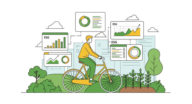 Man riding bicycle with data charts and graphs.