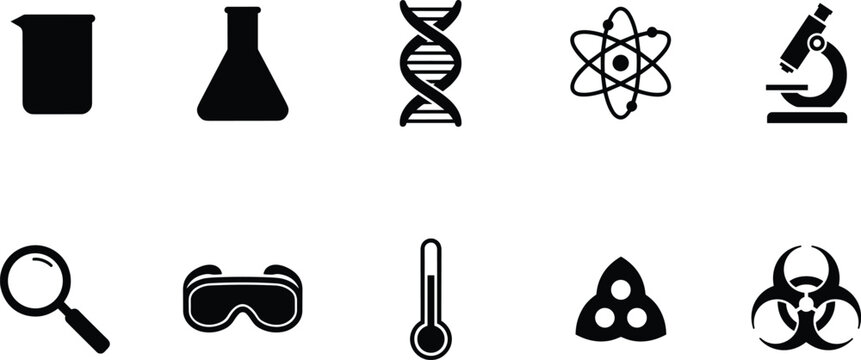 Science laboratory and chemistry solid glyph icon set featuring beaker flask DNA strand atom structure microscope magnifier safety goggles thermometer radiation biohazard vectors