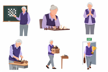 Fototapeta premium Senior woman chess player and coach flat vector character set. Grandma playing, teaching, and winning a chess tournament.
