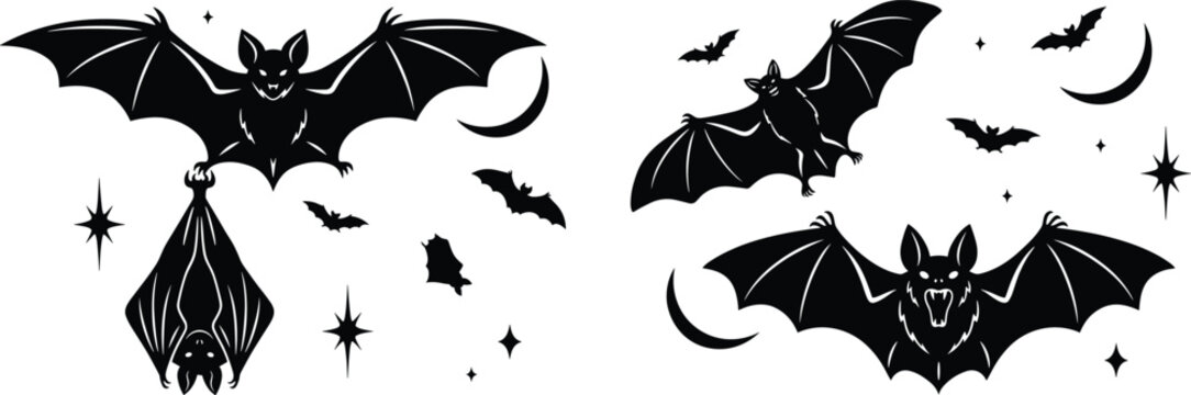 Spooky Halloween flying bats solid glyph icon set featuring vampire bats with spread wings hanging bat crescent moons and starry night decorative stencil vectors