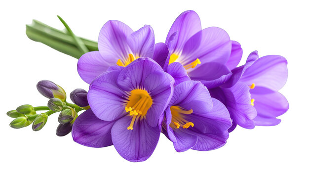 Beautiful purple crocus flowers with yellow centers and green buds isolated on a white background for spring decoration