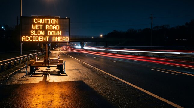 Electronic highway warning sign on a wet night road for traffic safety and accident prevention