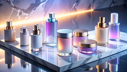 Fototapeta premium A collection of sleek cosmetic bottles on a marble surface