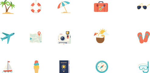 Summer travel and vacation icon set vector illustration with tropical palm trees suitcase airplane camera and passport isolated on white © KHATUN