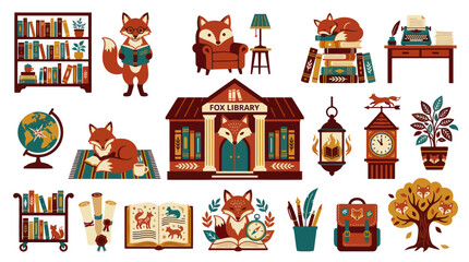 Naklejka premium Literature Education Flat Vector Illustration Set: Cozy Foxes, Books, and Library Icons