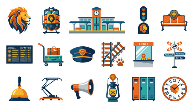 Railway and Train Station Elements: Flat Vector Icons Set with Lion Mascot Design