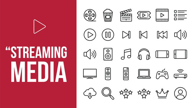 Minimalist black and white line art icons representing various digital streaming media and entertainment technology features