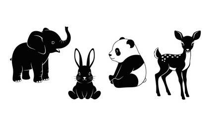 Black silhouettes of four cute animals elephant rabbit panda © Kamola