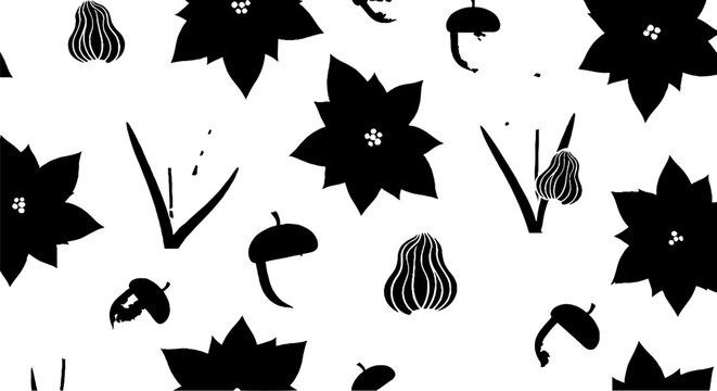 Black and white autumn leaves and acorns pattern.