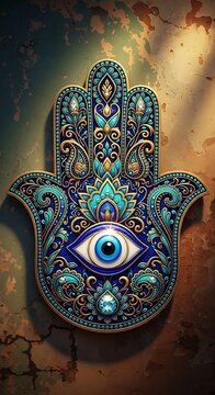 Colorful Hamsa Hand Wall Decor with Eye Symbol and Intricate Patterns.