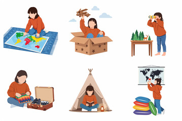 Fototapeta premium Little girl dreaming of travel and adventures, set of flat vector illustrations of child character exploring world, planning vacation and playing