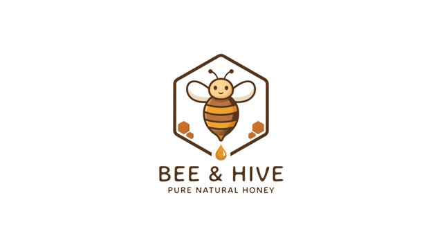 Bee and hive logo design with honeycomb frame and bee illustration Vector