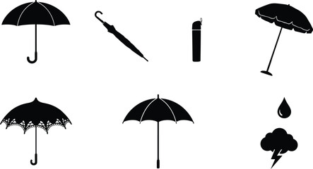Umbrella icon set vector illustration with parasol folded classic lace rain drop and lightning storm cloud isolated on white background © KHATUN