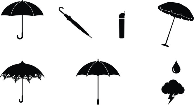 Umbrella icon set vector illustration with parasol folded classic lace rain drop and lightning storm cloud isolated on white background