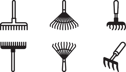 Naklejka premium Set of six different garden rake tools in black and white line art style Vector