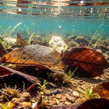 Underwater Freshwater Ecosystem with Rocks and Vegetation.