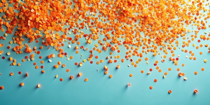 Vibrant orange confetti scattered on a light blue background creating a pop of color and energy
